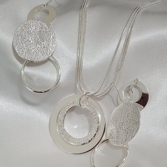 925 Sterling Silver Geometric Necklace Matching Earrings Set - Picture 1 of 3